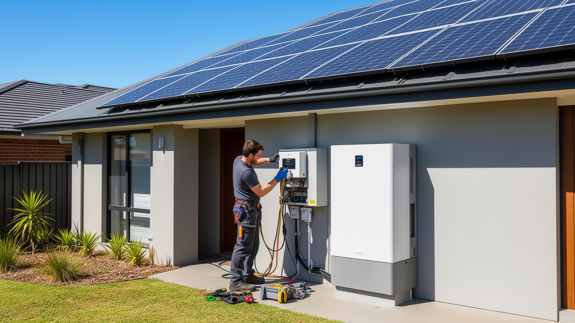 Installateur werkt aan een thuisbatterij naast een woning met zonnepanelen